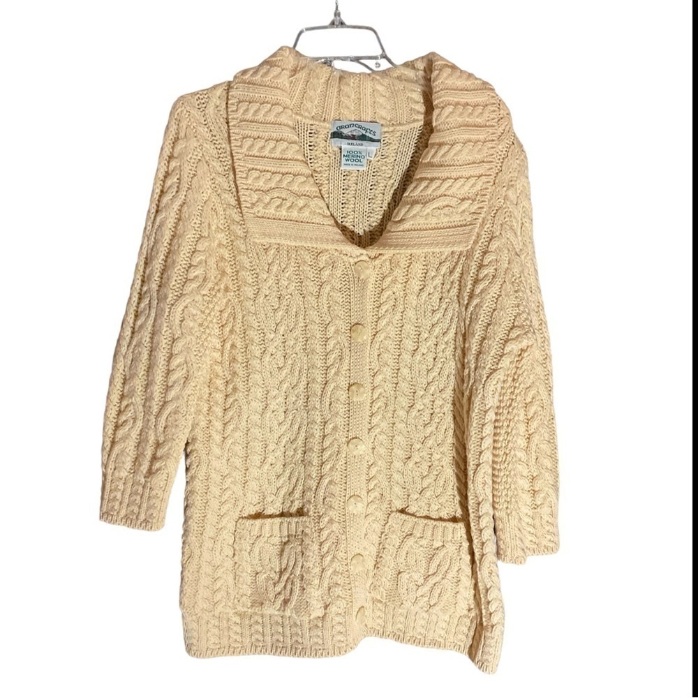 ARAN CRAFT 100% Merino Wool Cable Knit Button Down Cardiagan‎ Sweater - Size L